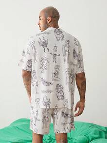 Rick and Morty X SHEIN 男士短袖單排扣襯衫與短褲家居服套裝 - 白色 - 查看 2