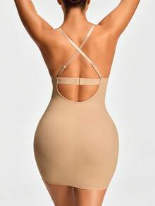 SHAPORA Vestido camiseta ajustado con cuello en V profundo y espalda descubierta para mujer - Albaricoque - Ver 2