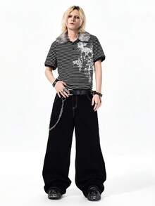 ROMWE MEN Casual 男士條紋骷髏印花短袖休閒通勤 Polo 衫 - 黑色 - 查看 5