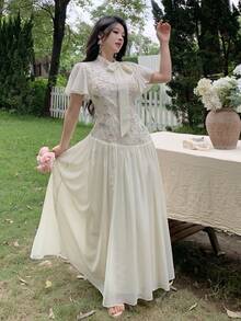 Modelyn Women's Lace-Up Waist Embroidered Patchwork Chiffon Dress Wedding Date Bachelorette Party Divorce Beige Summer Elegant Romantic Casual Flowy - Apricot - View 6