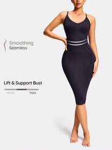 SHAPORA Seamless Spaghetti Strap Cami Shapewear Slip Bodycon Dress With Adjustable Straps-Tummy Waist Control - Black - View 1