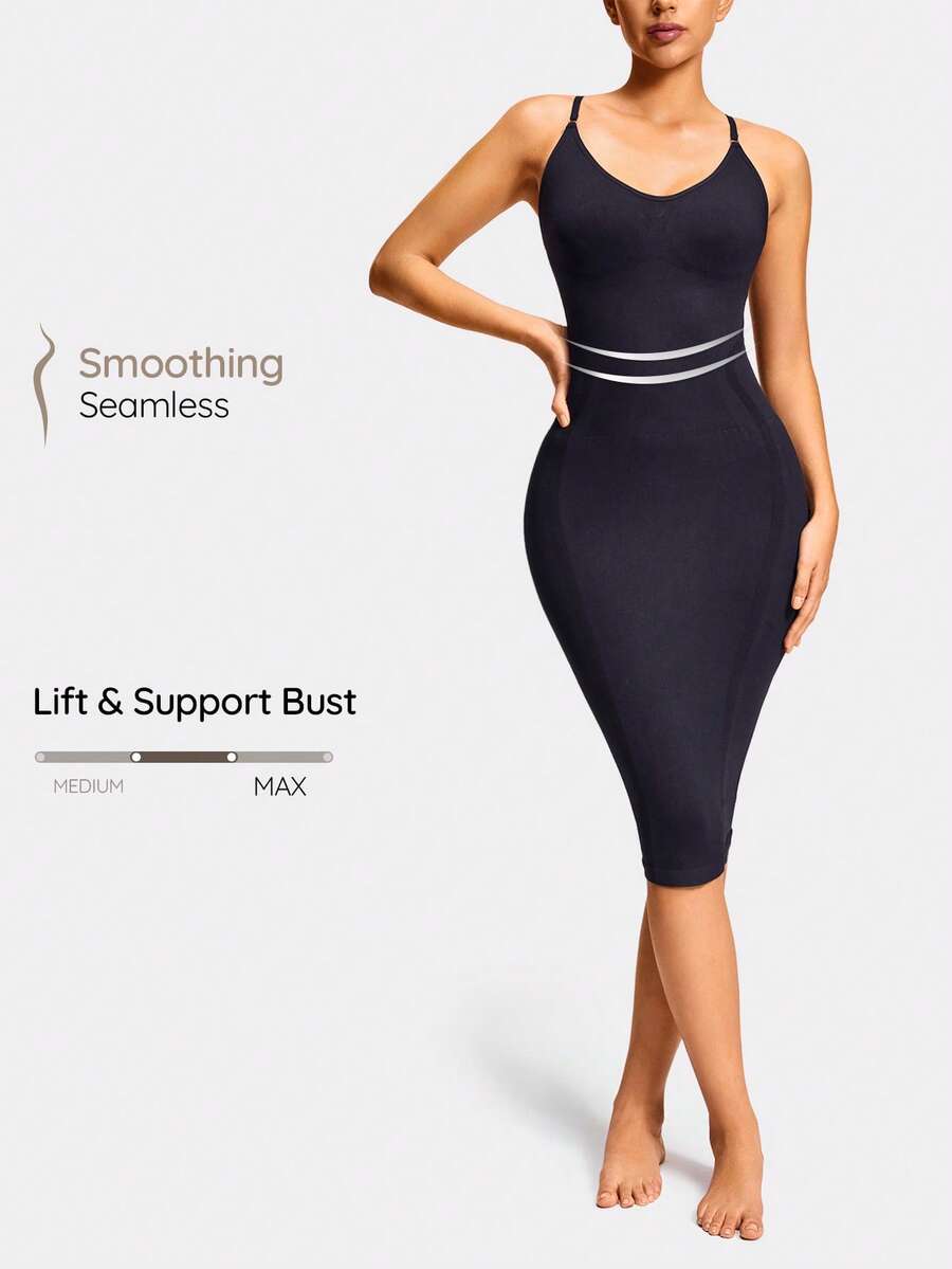 SHAPORA Seamless Spaghetti Strap Cami Shapewear Slip Bodycon Dress With Adjustable Straps-Tummy Waist Control - Black - View 1