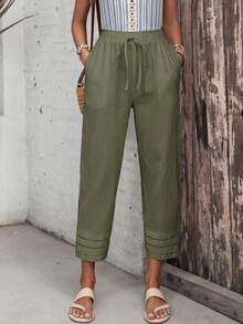 EMERY ROSE Pantalones largos holgados casuales con bolsillo y lazo en la cintura de unicolor para mujer - Verde Caza - Ver 4