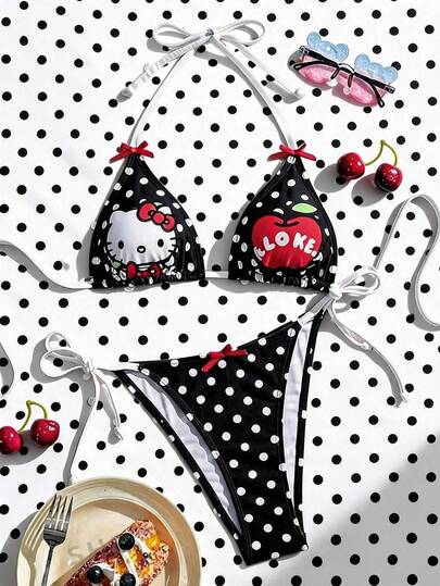 Swim Mod HELLO KITTY AND FRIENDS | SHEIN 女士夏季沙滩卡通印花露背系带性感比基尼和三角泳裤套装