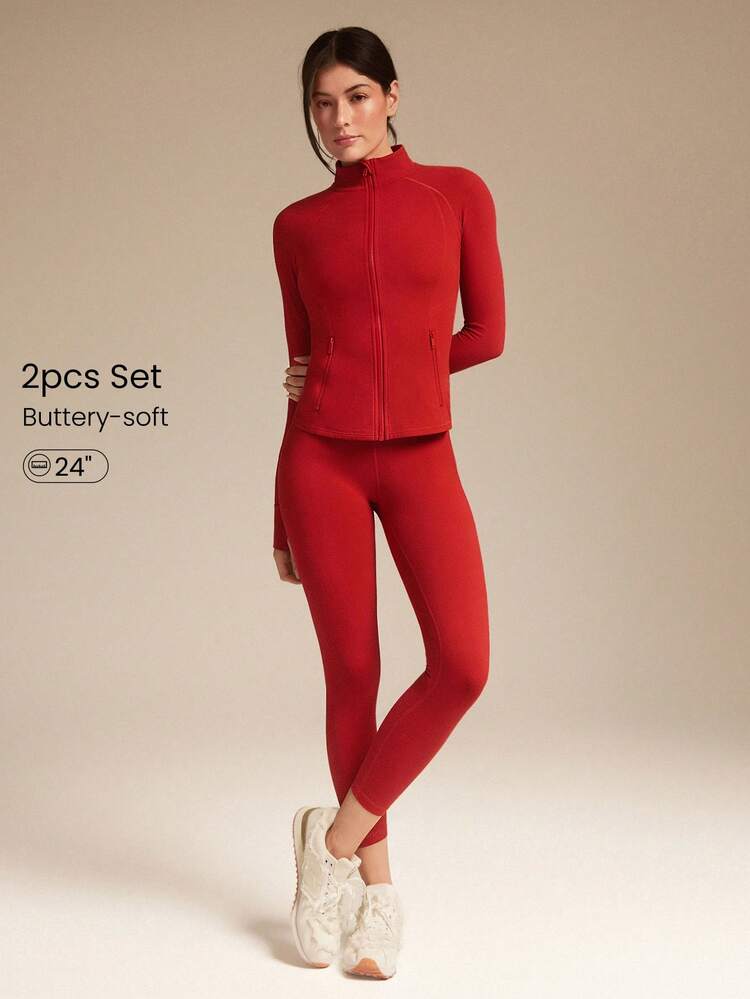 Conjunto de chaqueta y mallas de 24" FeatherFit™ "Slay The Day" de tela suave y de alta cintura con cruce en la cintura, bolsillos laterales con forma de Y en el trasero, ajuste delgado, para yoga de bajo impacto, uso diario y casual