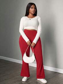 SHEIN PETITE CURVE 大尺碼女款秋冬開學季休閒居家瑜伽舒適戶外純黑色針織彈性腰高腰口袋喇叭褲，附口袋內搭褲 - 紅色 - 查看 7