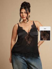 SHEIN BAE CURVE 大尺碼女款蕾絲拼接性感百搭約會與外出細肩帶上衣 - 黑色 - 查看 8