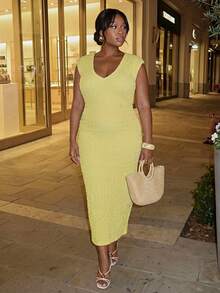 Firerie Plus Size Women's Solid Color Casual Formal Party Vacation Wedding Guest Dress Elegant Graduation Summer Yellow - Yellow - View 7