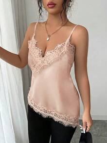 Camiseta de mujer de estilo francés elegante con contraste de color y encaje, con bajo asimétrico - Rosa vieja - Ver 3