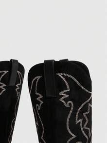 Daringsoles 女款尖頭撞色刺繡西部靴，套腳性感休閒騎乘靴 - 黑色 - 查看 5