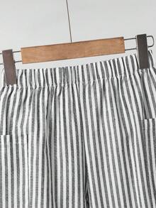 SHEIN 1件兒童青少年男孩黑白細條紋彈性腰側口袋休閒長褲，百搭舒適 - 黑色 - 查看 4
