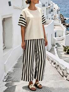 Ceyna Casual Slouchy Patchwork Striped Short Sleeve Set Women Plus Size Round Neck Loose Top High Waist Vertical Striped Wide Leg Pants 2-Piece Set - Multicolor - View 8