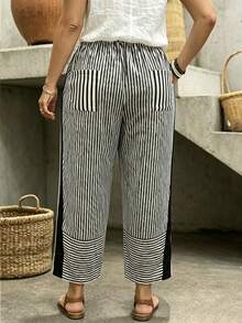 SHEIN LUNE CURVE Pantalones Blancos con Parches Talla Grande Casual Vacaciones Otoño Playa - Blanco y Negro - Ver 2