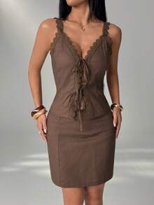 SHEIN PETITE 2026 Women's Spring/Summer Resort Collection: New Casual, Minimalist, Street-Style, Vintage-Inspired Brown Lace-Panel Cami Top And Skirt Set. Perfect For Home, Outings, The Beach, Fashion-Forward Looks, Casual Wear, Commuting, Vacations, Formal Occasions ,Petite Women - Brown - View 5