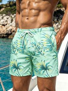 Manfinity Swimmode 男士大尺碼熱帶植物印花抽繩腰海灘短褲 - 薄荷綠 - 查看 5