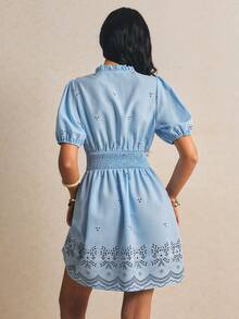 Poéselle Light Blue Floral Elegant Ditsy Floral Notched Neck Puff Sleeve Dress For Women, Summer Vacation - Blue - View 3
