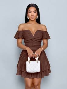 SOLERSUN Women's Fashionable Elegant V-Neck Off Shoulder Ruffle Sleeve Textured Mini Dress – Ruffle Sleeve Ruched Bodycon Double Ruffle Hem Party Dress For Club & Date Night,Women Ruffle Sleeve Ruched Bodycon Double Ruffle Hem Party Club Dress - Chocolate Brown - View 6