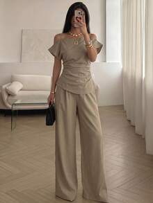 Modelyn Slip Strap Off Shoulder Ruched Waist Casual Trouser Suit Soft Breathable Textured Linen Blend Fabric Minimalist Old Money Casual Chic - Khaki - View 3
