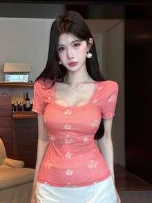 DAZY 夏季花卉印花粉色修身優雅短袖女款T恤，適合婚禮宴會，圖案印花Y2K風格 - 西瓜粉 - 查看 7