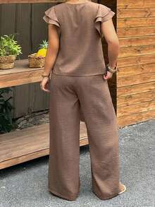 Dazy Plus Summer Holiday Outfit Commuter Office Formal V-Neck Ruffle Flutter Sleeve Casual Elegant Long Pants Plus Size Women Black Chocolate Brown 2 Pieces Set - Brown - View 2
