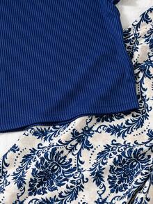 Conjunto para niñas con top de cuello redondo y mangas volantes de textura acanalada suave, combinado con pantalones de pierna ancha con estampado barroco de porcelana azul y blanca, mismo esquema de color para un aspecto de alta gama y armonioso, top corto + pantalones de cintura alta, crea fácilmente una proporción corporal 3:7, tono azul refrescante y brillante - Azul - Ver 8