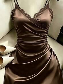 SHEIN Franclia 女款優雅素色蕾絲飾邊細肩帶洋裝，適合夏季 - 棕色 - 查看 3