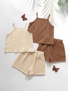 Elladie kids Girls' 4-Piece Set Cute Minimalist Style Girls' Tank Top Set, Apricot And Brown, Suitable For Daily Outings And Casual Vacations,Back To School. - Multicolor - View 3