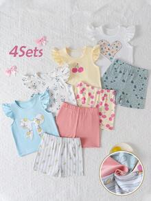 SHEIN Playful Pals 4套幼兒女童可愛休閒花朵櫻桃愛心印花荷葉袖柔軟兩件套夏季上衣短褲套裝 度假海灘穿搭 - 彩色 - 查看 6