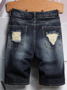Manfinity LEGND Pantalones cortos de mezclilla casuales y versátiles para uso diario y viajes, con diseño desgastado, botones y bolsillos, talla grande para hombres - Azul lavado oscuro - Ver 2
