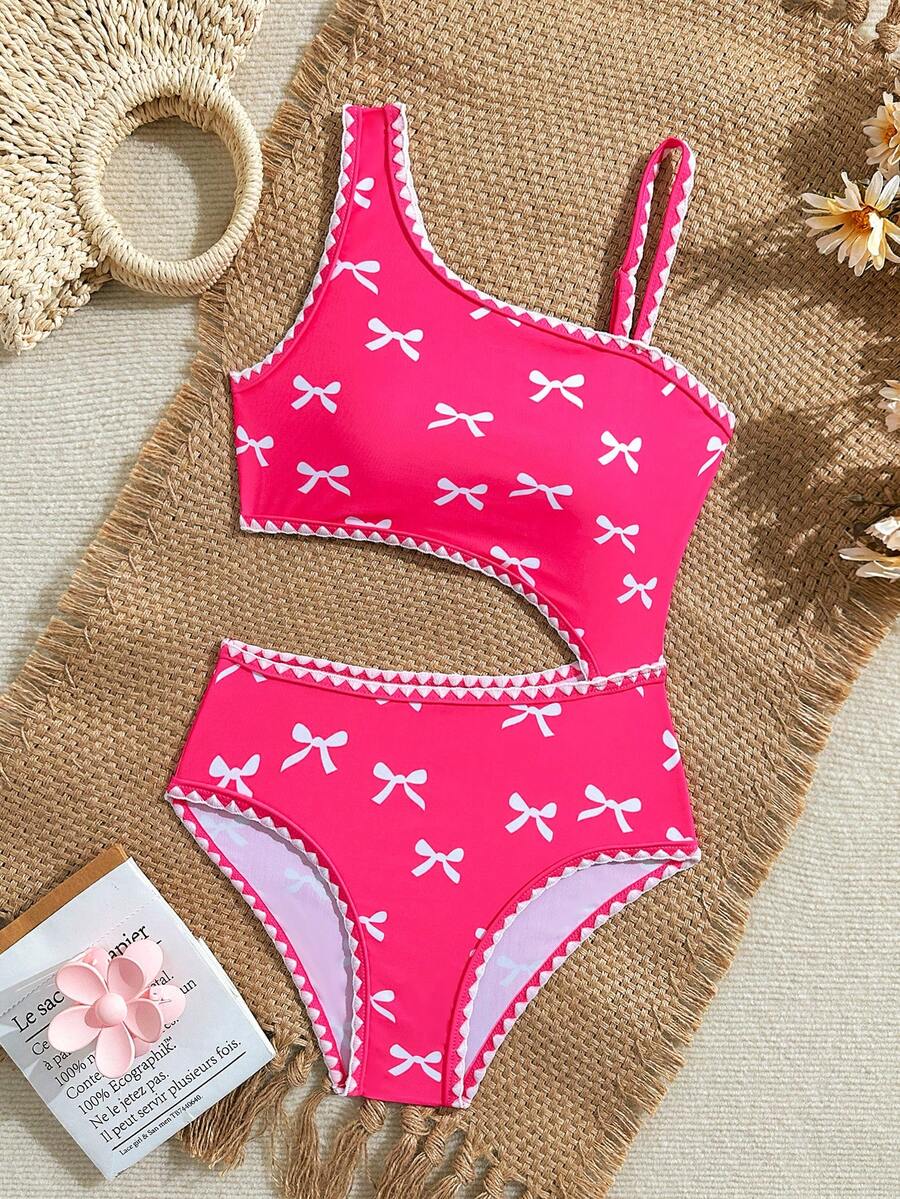 SHEIN Tween Girl Bow Print Shell Embroidery Cut-Out Fashion Jumpsuit For Pool, Party, Summer Vacation - Hot Pink - View 1