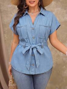 SHEIN Plus Size Women's Non-Stretch Denim Top , Cowboy For Women - Light Wash - View 7