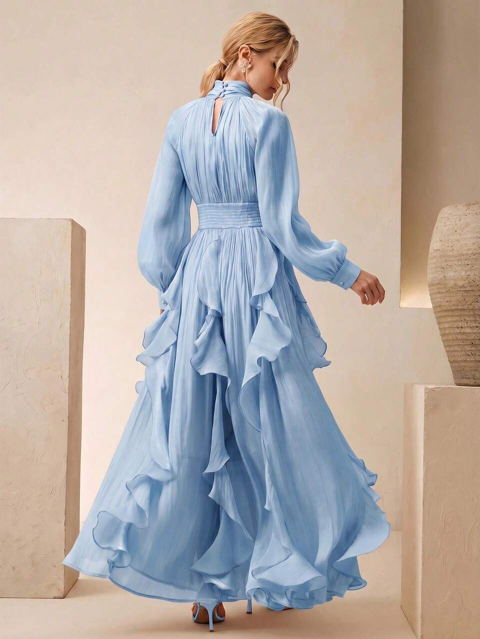 Women's New Elegant Long Sleeve Halter Dress With Waist Pleats, Shiny Wavy Hem, Loose Fit, Light Blue, Suitable For Banquet, Party, Gathering