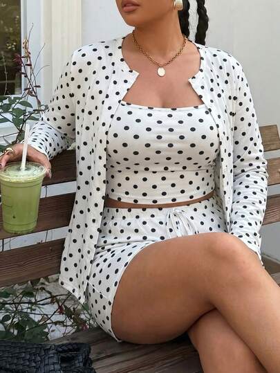 Muchica Plus Size Women's Polka Dot Print Camisole Tank Top And Tie-Up Shorts With Long Sleeve Open Front Cardigan 3-Piece Set