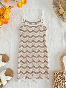 SHEIN Tween Girl 3D Floral Decor Wavy Pattern Colorblock Casual Vacation Cover-Up Strap Dress - Coffee Brown - View 3