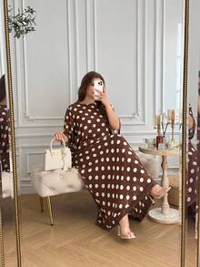 Al Najma Plus Size Women's Chiffon Flowy Round Neck 3/4 Sleeve Polka Dot Comfortable Elegant Romantic Arabian Dress - Coffee Brown - View 5