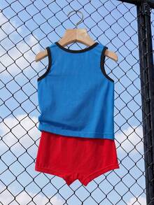 SUPERMAN X SHEIN Young Boy Geometric Print Casual Tank Top And Shorts - Blue - View 2