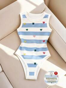 Resyla Striped Contrast Color Embroidered Heart Women's Round Neck Digital Print Bodysuit - Multicolor - View 3