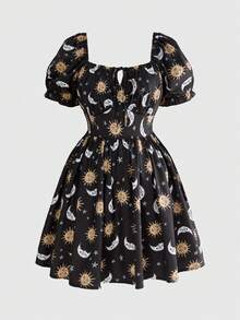 ROMWE Hippie Fairycore Vintage Mori Style Sun Moon Star Print Pattern Square Neck Spaghetti Strap Puff Sleeve Elastic Waist Plus Size Short Dress - Black - View 1