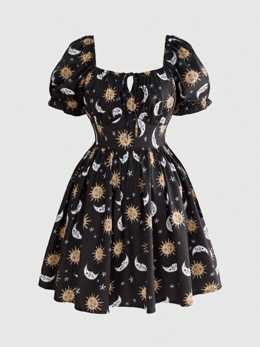 ROMWE Hippie Fairycore Vintage Mori Style Sun Moon Star Print Pattern Square Neck Spaghetti Strap Puff Sleeve Elastic Waist Plus Size Short Dress - Black - View 1