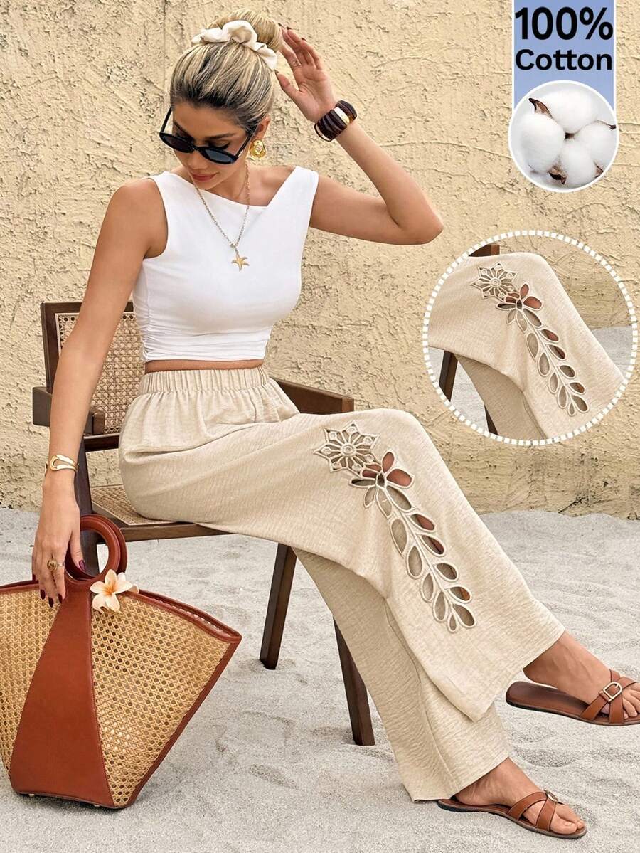 SHEIN Frenchy 女款彈性腰鏤空休閒百搭日常旅行長褲