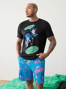 Rick and Morty X SHEIN Men's Short Sleeve T-Shirt And Shorts Loungewear Set - Black - View 1