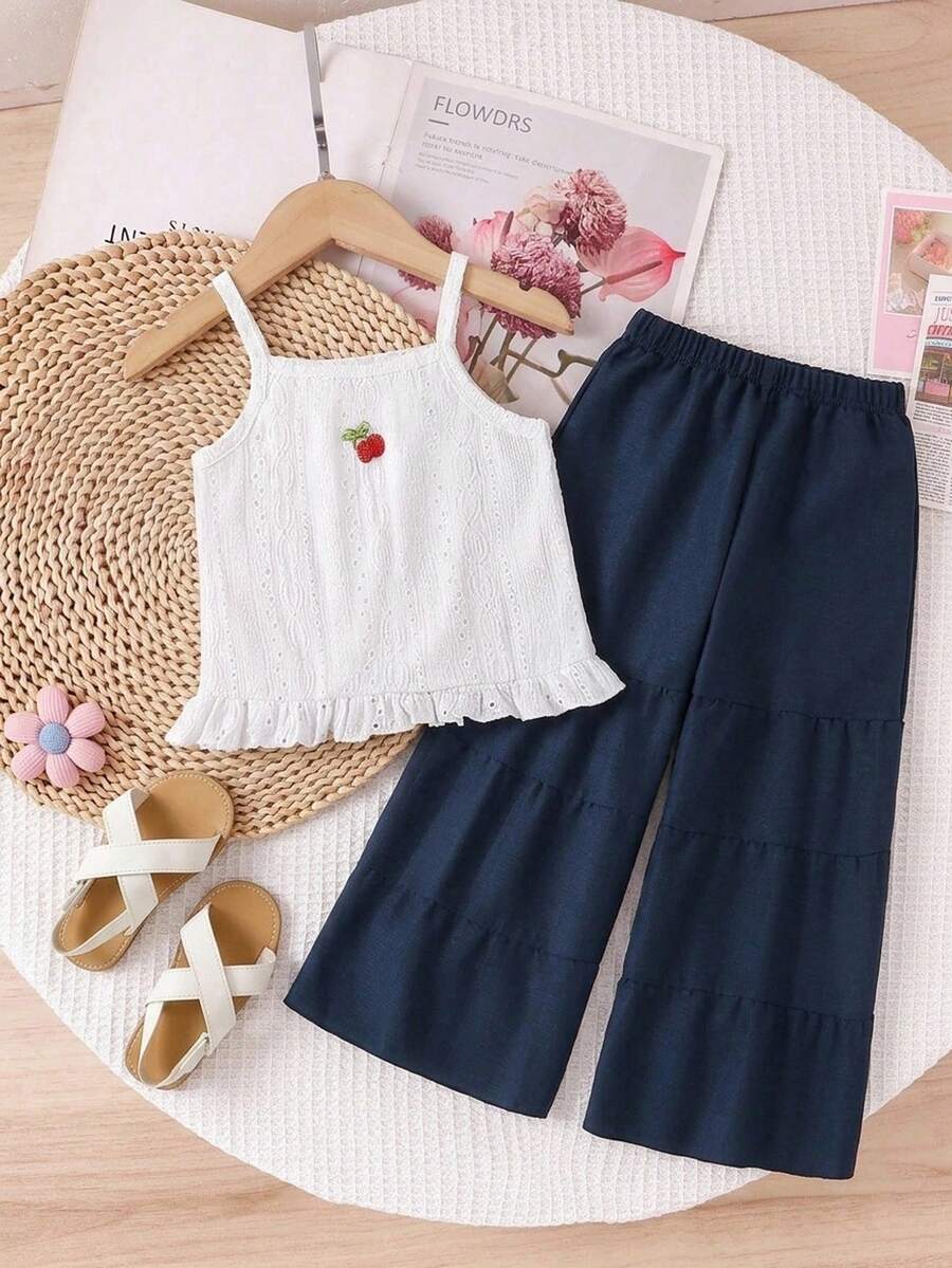 SHEIN Young Girl Versatile Cherry Embroidery Ruffle Hem Camisole And Casual Retro Pants Set Summer - Apricot - View 1