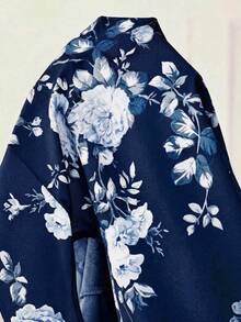 SHEIN Lady 女款兩件式藍色薄款西裝套裝，四季皆宜，商務休閒外套西裝外套，花卉印花西裝背心 - 藏蓝色 - 查看 3