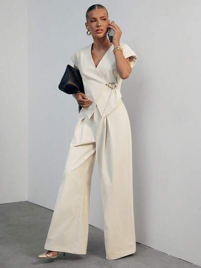 Hauture Women's Solid Color V-Neck Metal Decor Casual Daily Wear Jumpsuit Wide Leg Pants, Old Money, Sophisticated Versatile Wear, Baby Showers