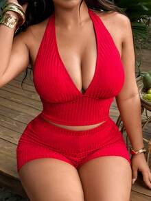 Slaydiva 2026 جديد مقاس كبير أحمر مخطط عمودي محبوك بحمالات رفيعة فتحة V عميقة ظهر مكشوف توب قصير ضيق الخصر شورت ضيق مثير حفلات شاطئ صيف - الأحمر - مشاهدة 5