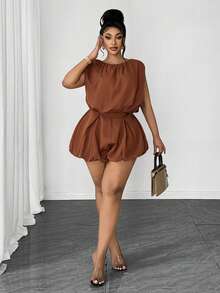 Maweii Conjunto de top sin mangas y shorts con diseño de capullo para mujer de talla grande - Marrón - Ver 3