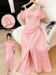 Elenzga Damen Große Größen Einfarbiges Kleid mit Herz-Ausschnitt und Schlitzdesign, modisch und elegant - Pink - Übersicht 1