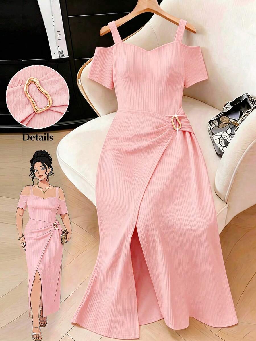 Elenzga Damen Große Größen Einfarbiges Kleid mit Herz-Ausschnitt und Schlitzdesign, modisch und elegant - Pink - Übersicht 1