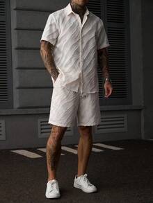 Manfinity CasualCool 男士夏季休閒純色短袖襯衫與短褲套裝，儀式穿著 - 卡其色 - 查看 4
