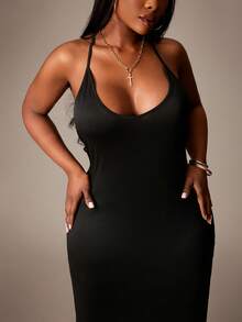 SHEIN SXY Robe sexy grande taille pour femme, couleur unie, dos nu, fente latérale à l'ourlet, col licou - Noir - Voir 10